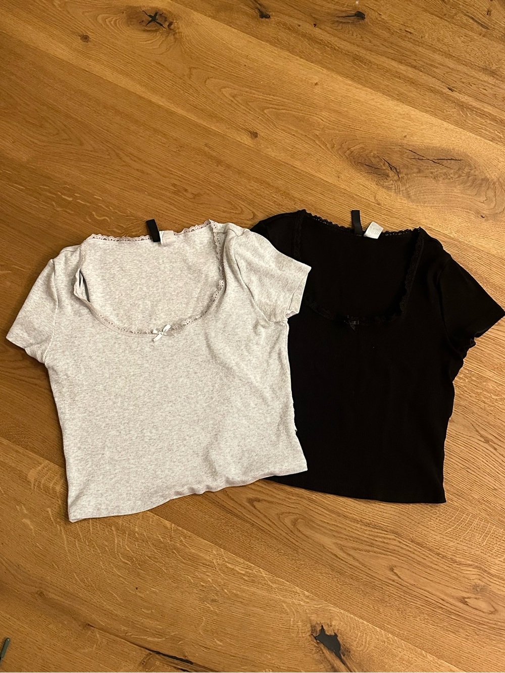 H&M Lace-Trim Scoop Neck Tees in Black and Light and gray (medium)